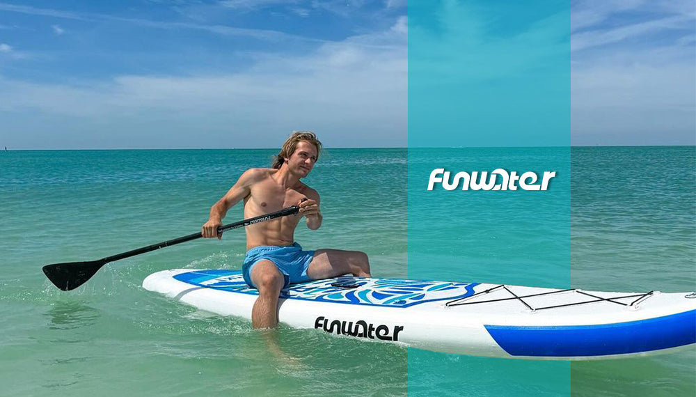 A man was paddleboarding on Funwater blue tiki inflatable paddle board