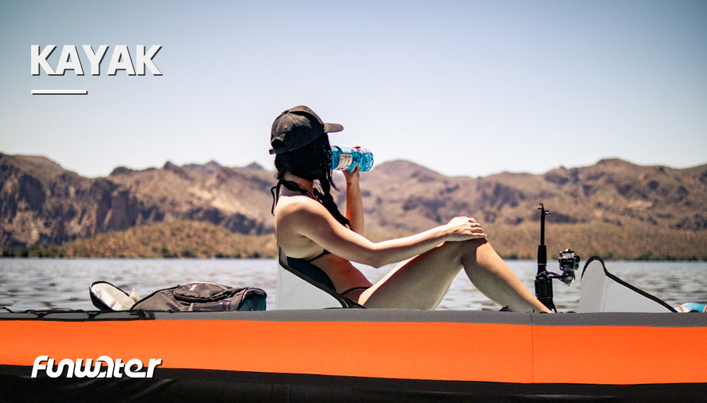 A woman is paddling Funwater inflatable kayak for adventure