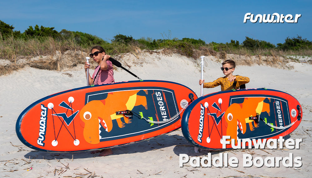 Two kids are playing the Funwater paddle board for children on the beach