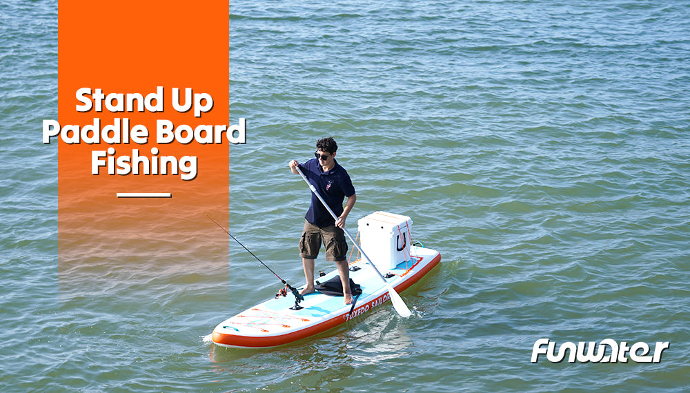 A man is fishing on the Funwater inflatable stand up paddle board