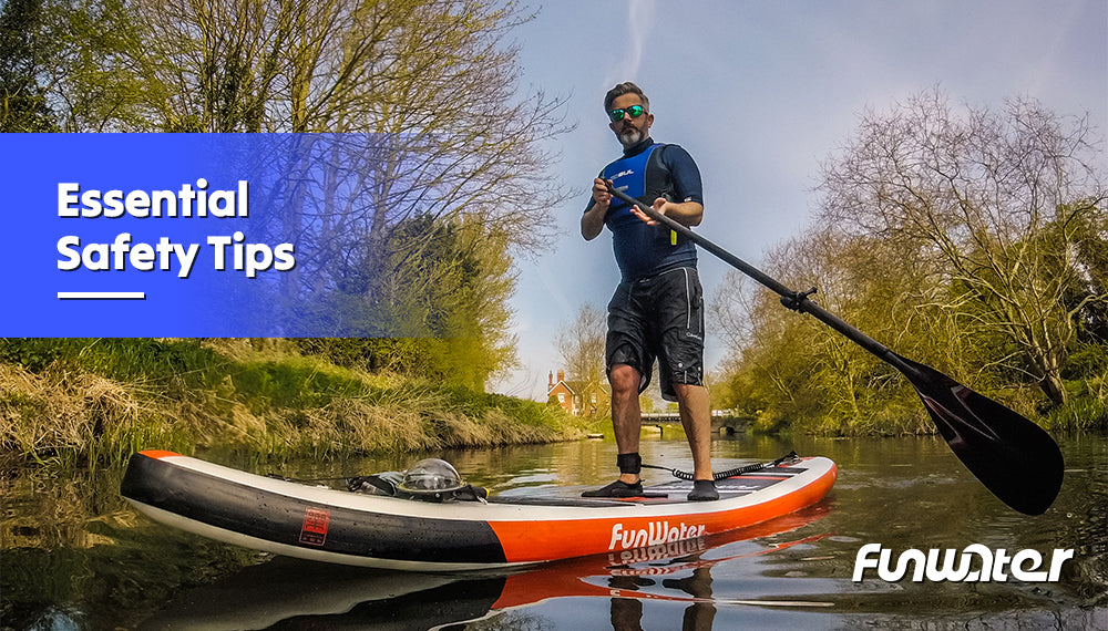 This man is paddling on the Funwater inflatable stand up paddle board