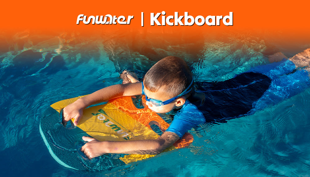 This kid is swimming with the help of kickboard