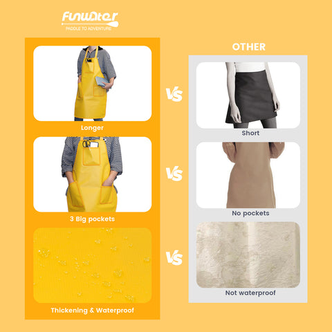 Funwater multipurpose aprons is more longer and thicker comparing to other aprons, and it has 3 big pockets to put your hands or store things