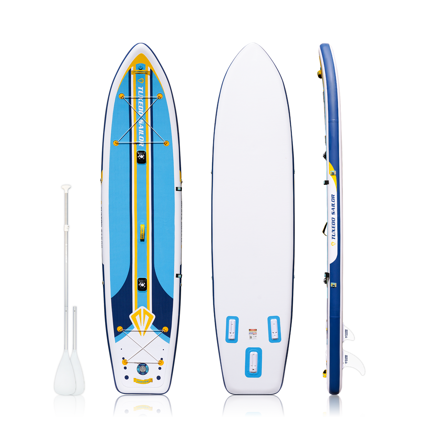 Tuxedo Sailor Epic 12ft inflatable paddle board in vibrant colors with a sleek design board