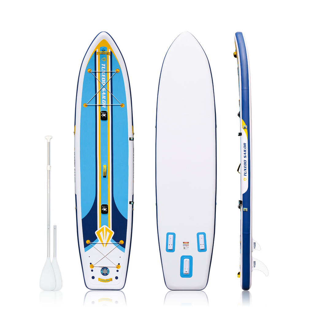 Tuxedo Sailor Epic 12ft inflatable paddle board in vibrant colors with a sleek design board