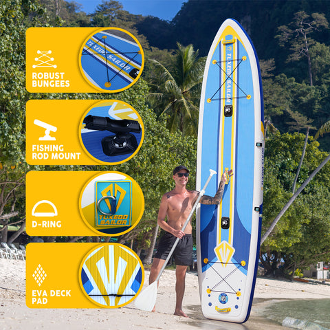 Tuxedo Sailor Epic inflatable paddle board has EVA deck pad, fishing rod mount to put your fishing rod on