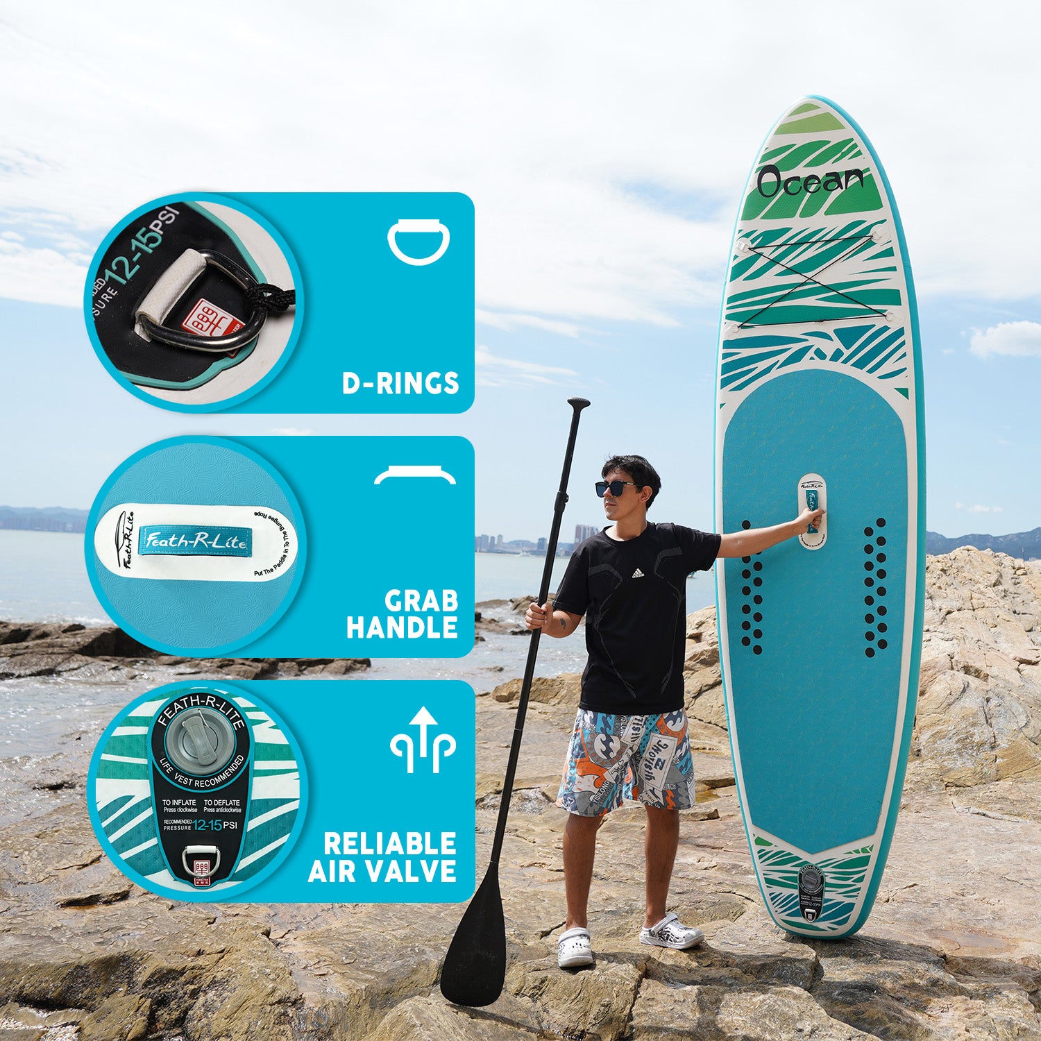 FEATH-R-LITE OCEAN 10'6' paddle board accessories includes paddle, waterproof phone pouch, pump and etc.