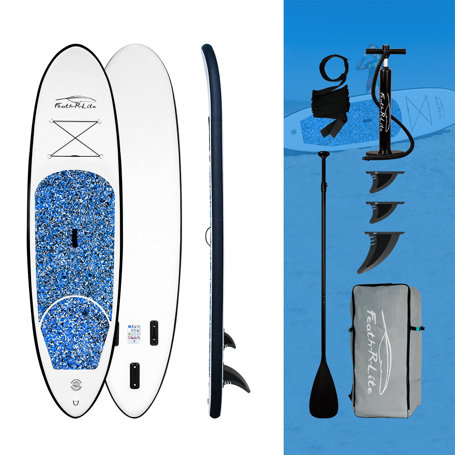 Feath-r-lite inflatable paddle board with accessories like pump and backpack