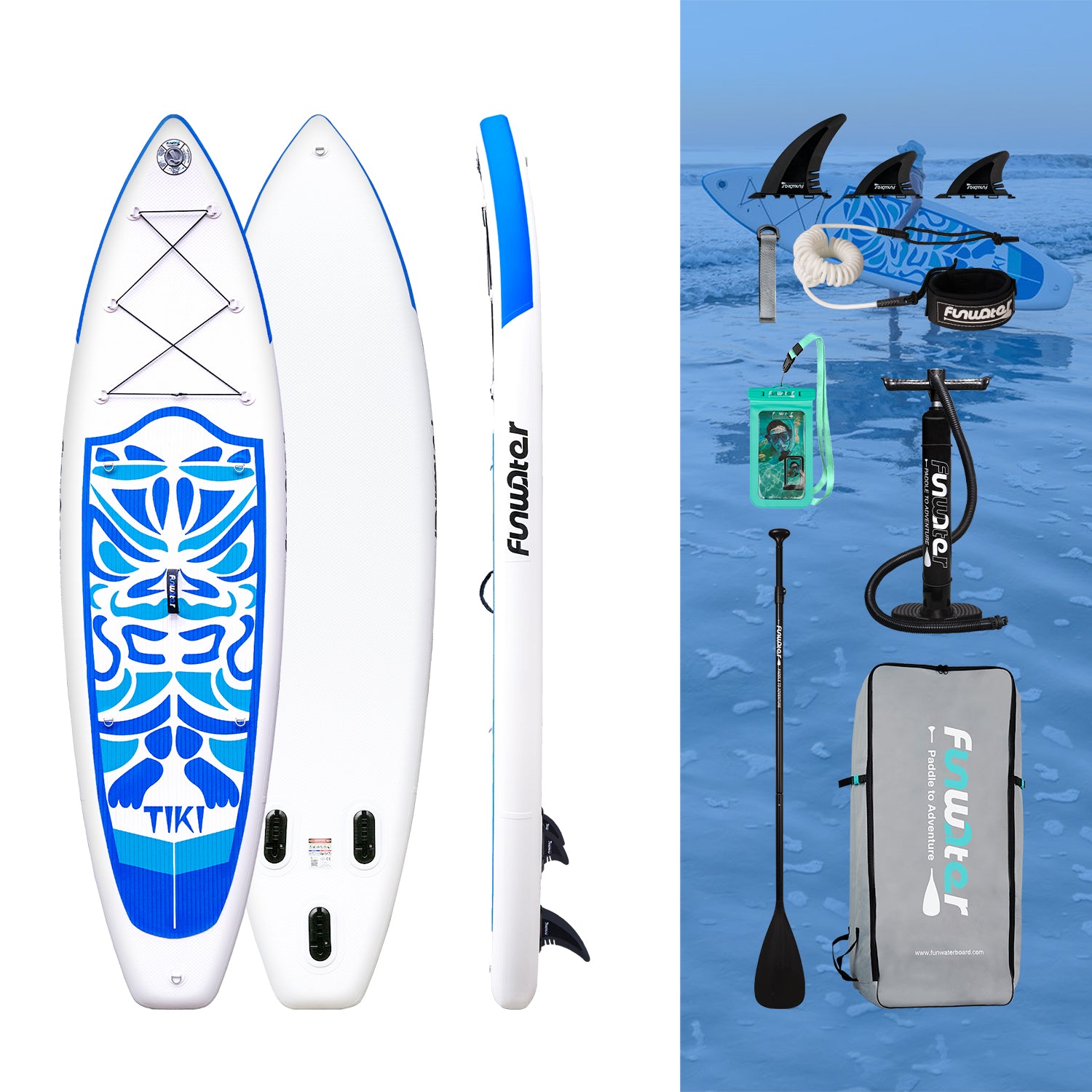 FUNWATER TIKI SUP consists of three fins,a backpack,a paddle,a pump,and a paddle board.