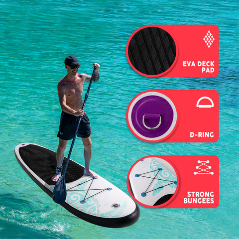 On the surface of FUNWATER Horizon paddle board are 4 D-rings, a set of shelving ropes and an EVA non-slip pad