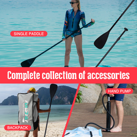 FUNWATER Horizon paddleboard accessories include a single paddle, a backpack and a hand pump