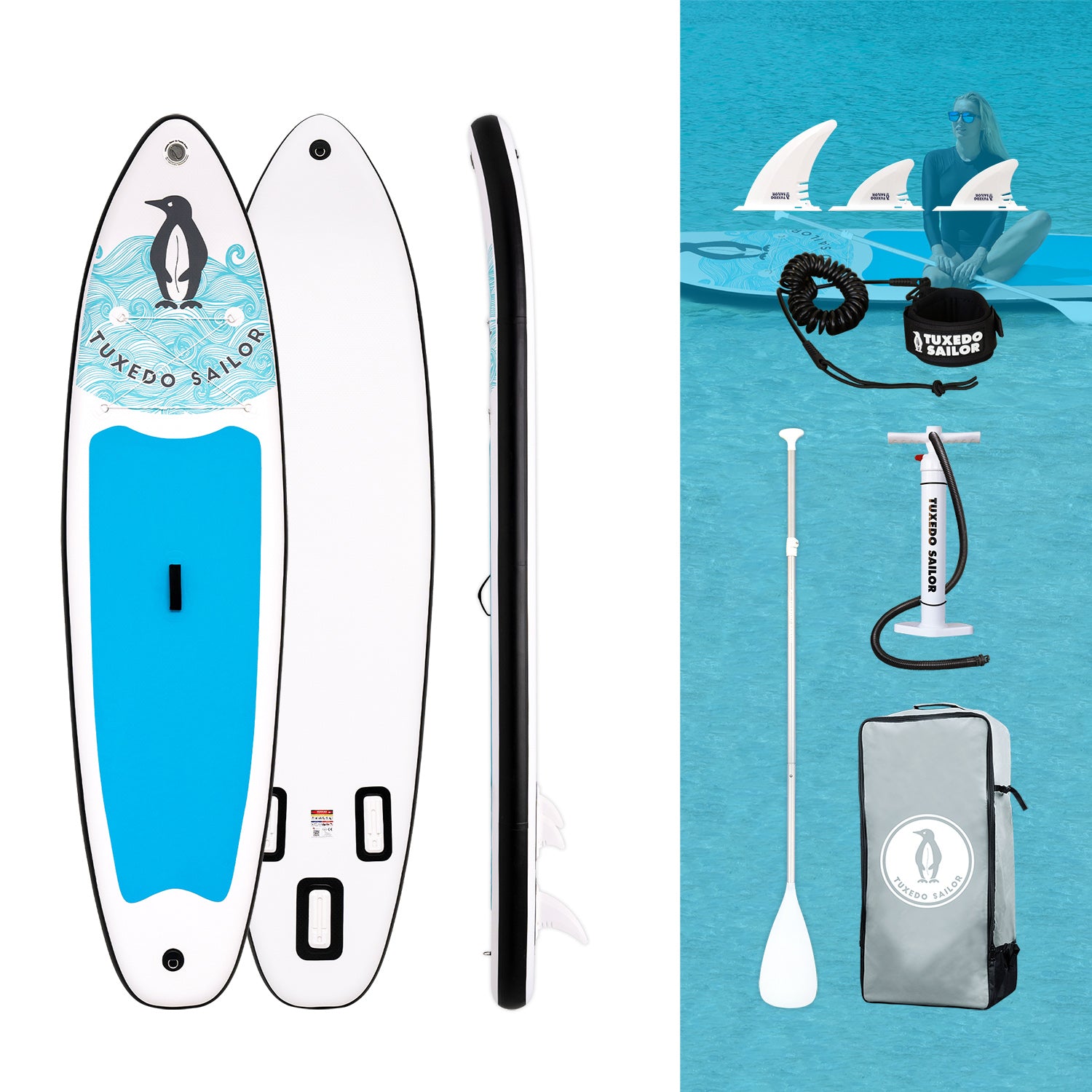 TuxWave 10'6'' inflatable paddle board with its accessories