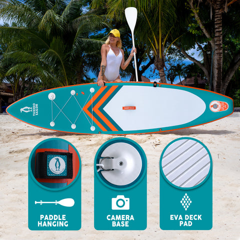 FUNWATER ZONE SUP has two paddle hangings,a camera base and a peace of EVA beck pad