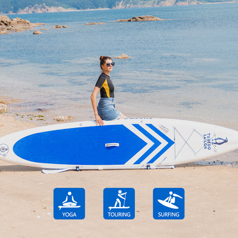 The Tuxedo Sailor inflatable paddle board could be used for yoga, touring and surfing