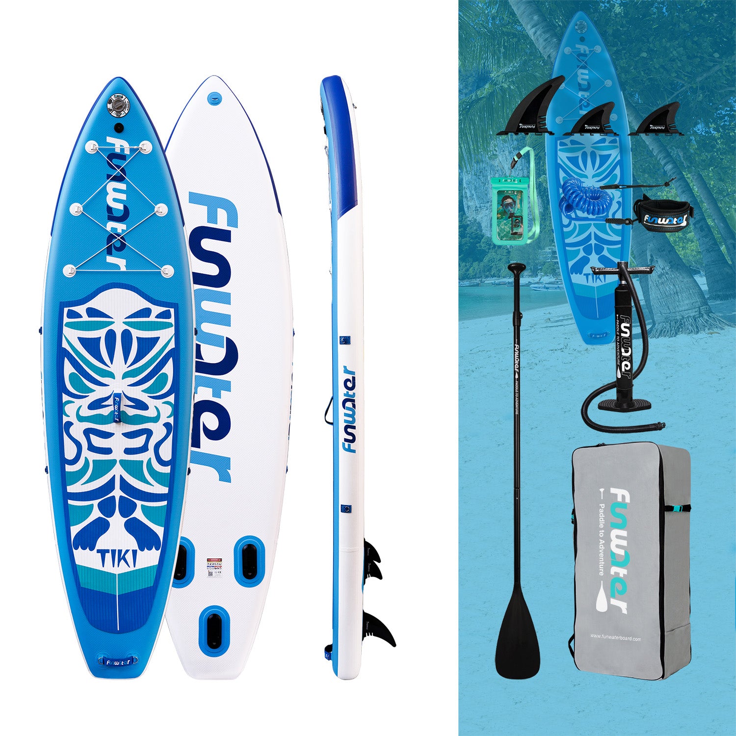 FUNWATER OCEAN TIKI 10'6" blow up paddle board and accessories, including pump, paddle, backpack and etc.