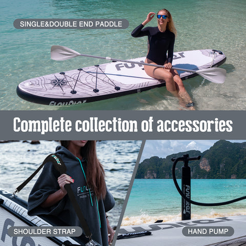 Funwater Discovery paddle board accessories include single&double end paddle, shoulder strap, hand pump and etc.