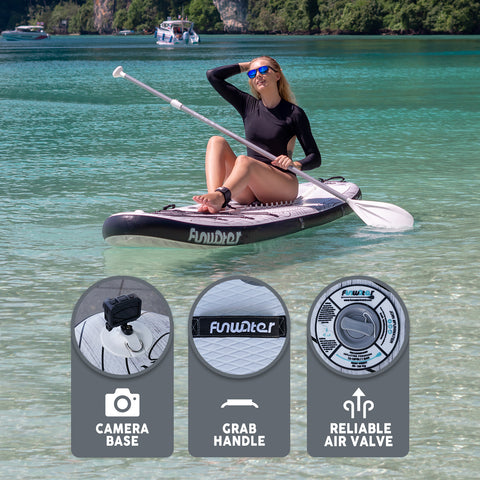 Funwater Discovery inflatable SUP has camera base to take a vlog, grab handle for you to carry paddle board