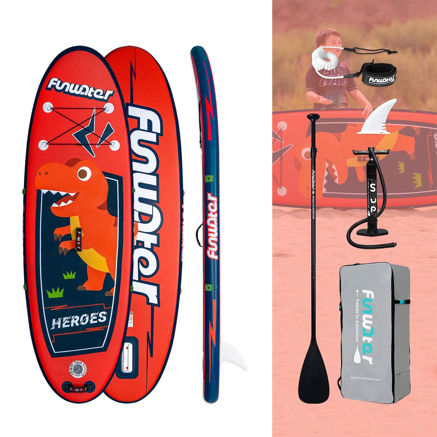 Funwater Dinosaur inflatable paddle board for kids is 7'11"*30"*4"