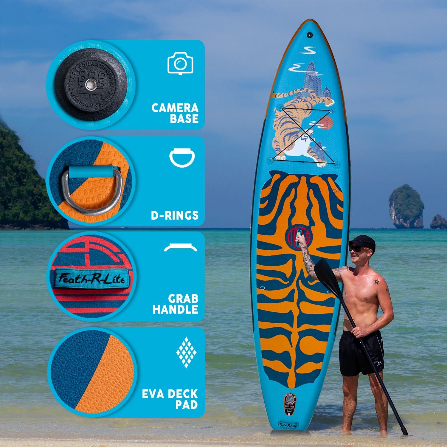 Feath-r-lite inflatable paddle board adventure 11'6" has camera base, grab handle and EVA deck pad