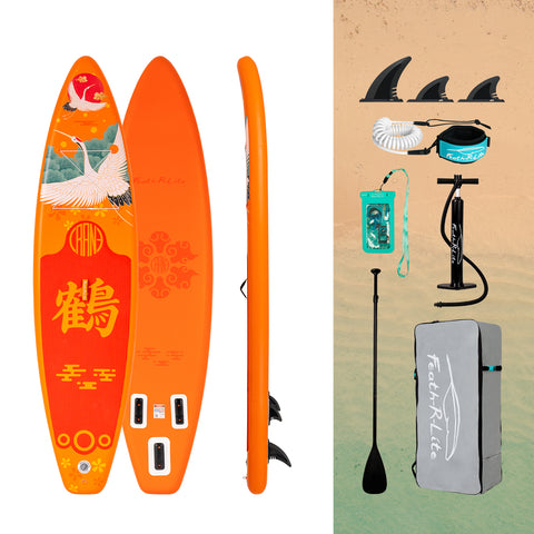 Feath-r-lite inflatable paddle board and the package of accessories like the waterproof pouch