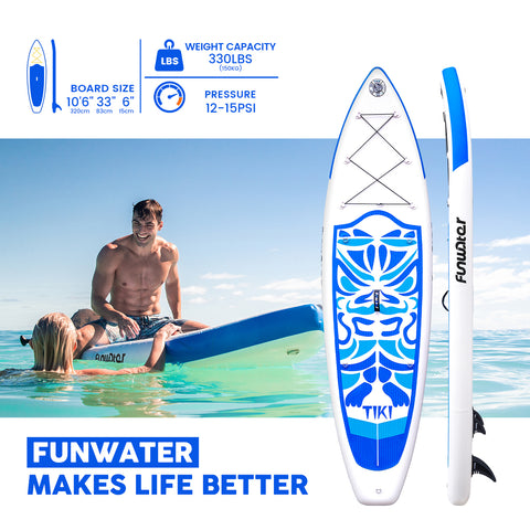 Tiki paddle board is 10'6'' in length and can hold the weight under 330 LBS which makes it portable and durable