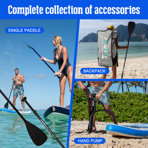 Tike inflatable paddle board of Funwater is equipped with board accessories like the backpack and hand pump