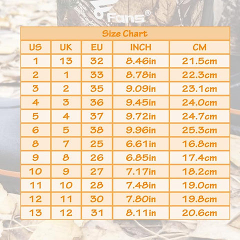 kids Waterproof Neoprene boot size chart