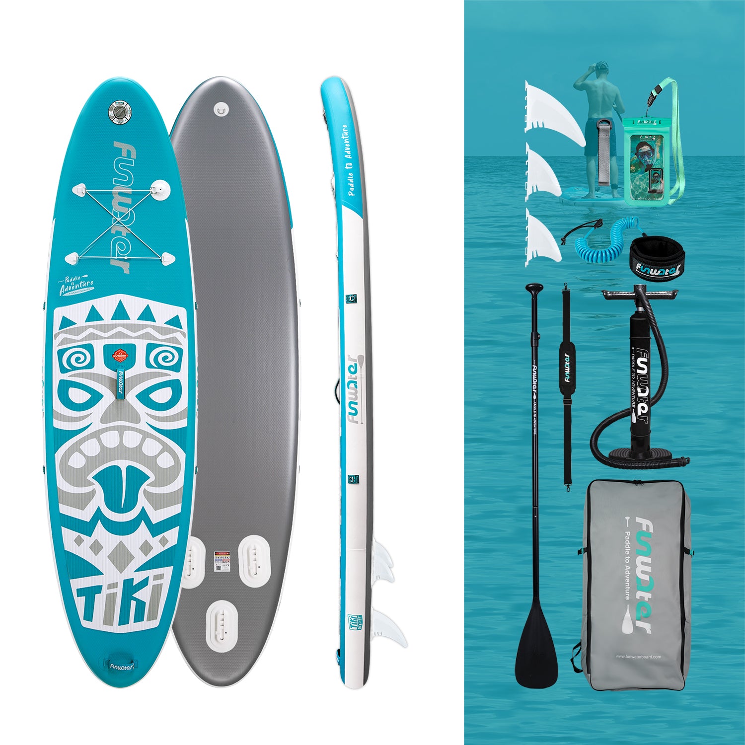 Funwater inflatable paddle board and paddle board accessories like removable fins and hand pump