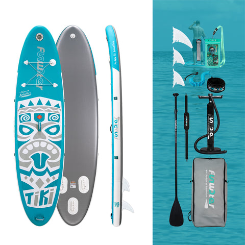 Funwater inflatable paddle board and paddle accessories like removable fins and hand pump