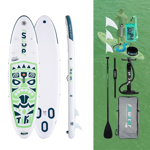 Funwater paddle board and its paddle accessories like the hand pump, removable fins, and waterproof phone pouch