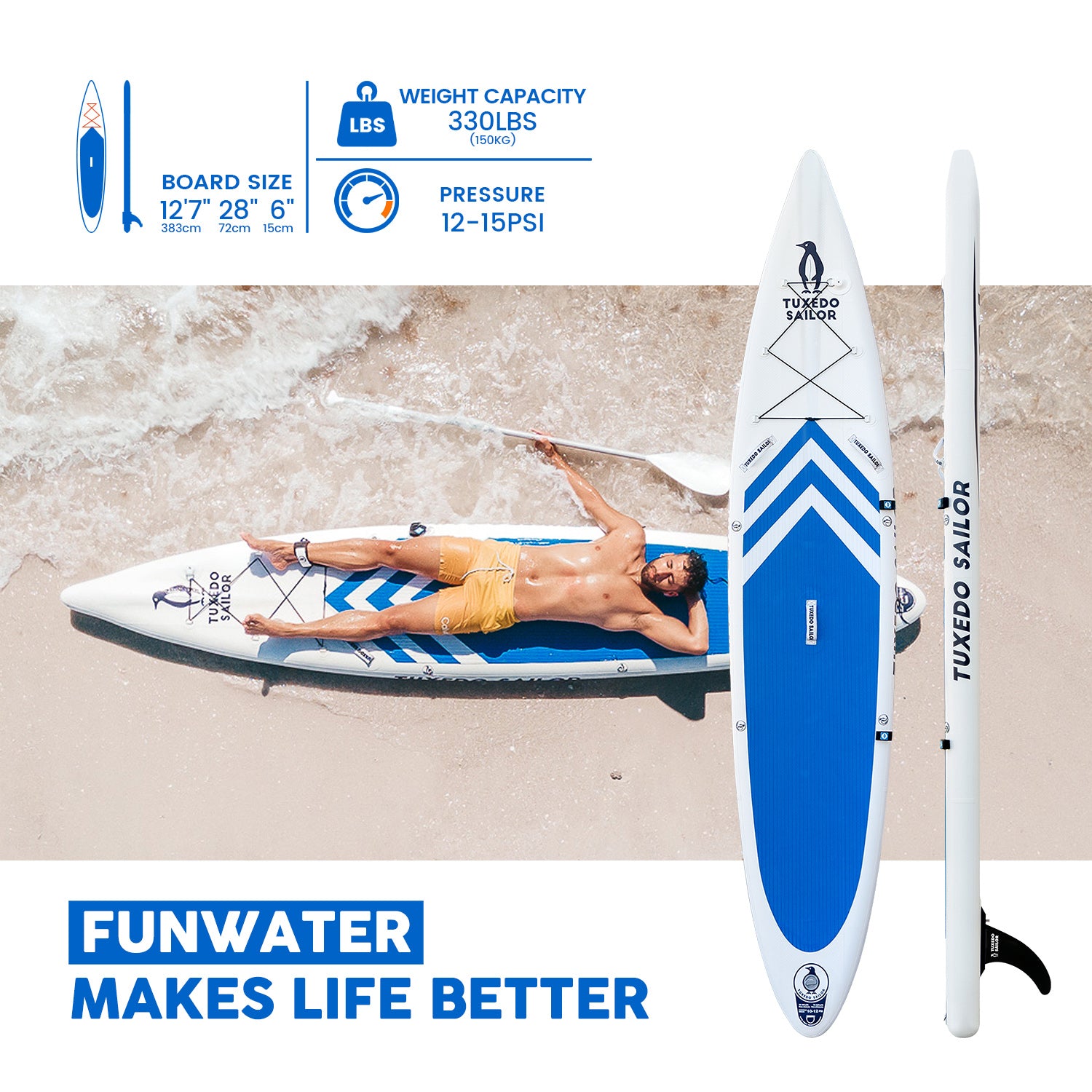 Tuxedo Sailor racing paddle board Arrow is 12'7"*28"*6"