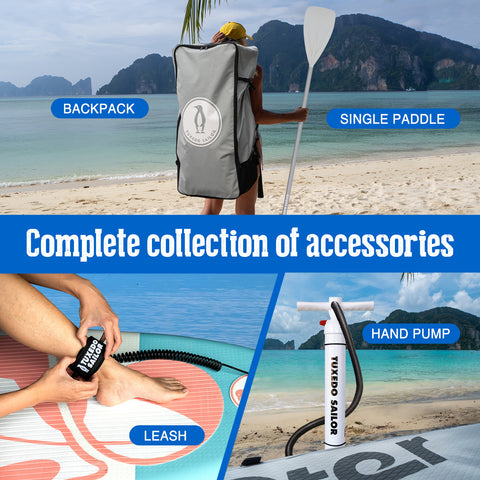 Tuxedo Sailor inflatable paddle board collection of accessories include the hand pump