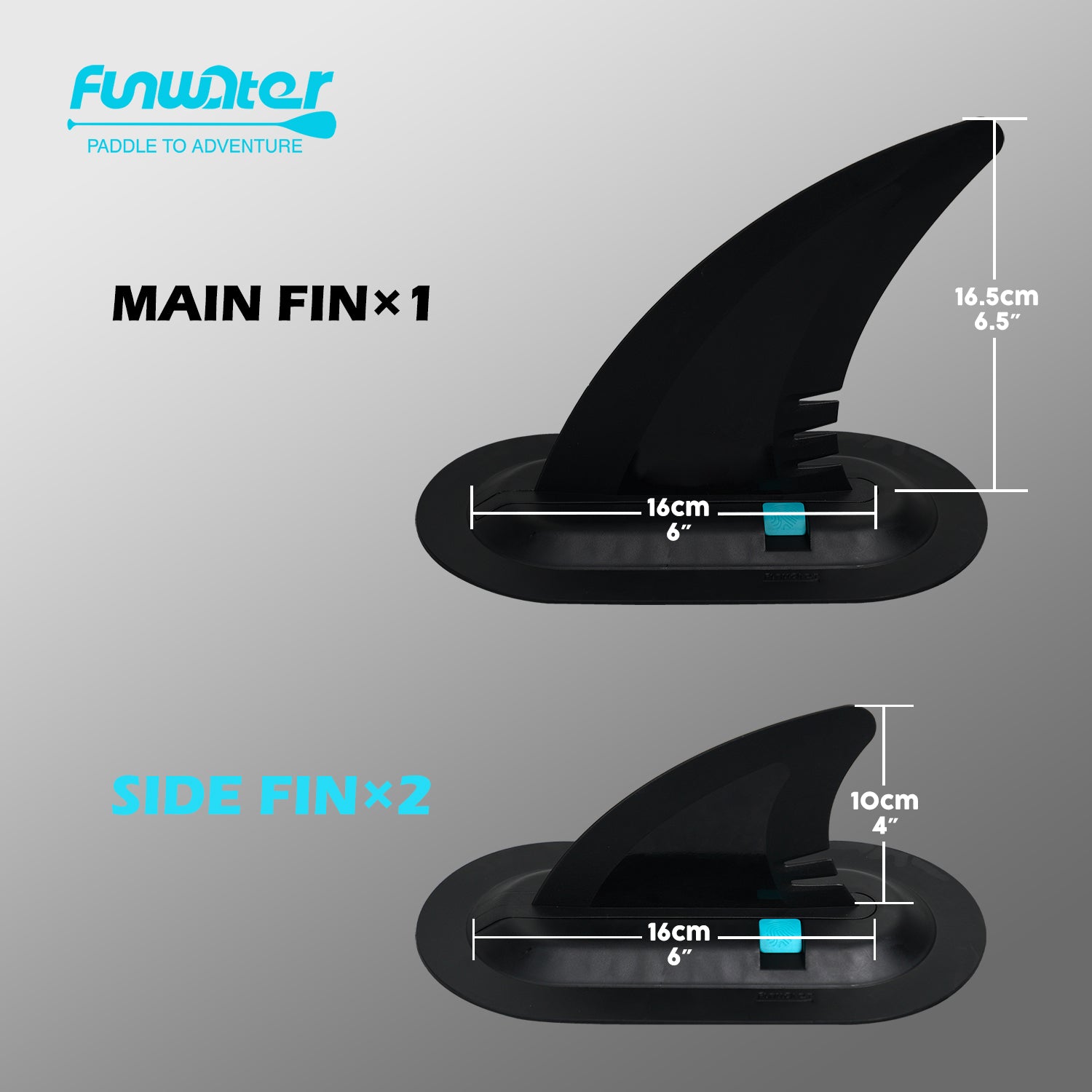 Paddle board main fin 7" is 16*16.5cm and side fin 4" is 16*10cm