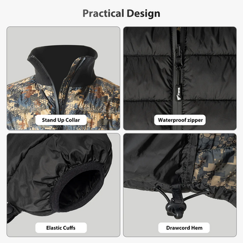 hunting jacket with stand up collar and waterproof zipper and elastic cuffs