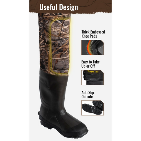 the hunting wader have many useful design:thick embossed kunee pads and easy to take up or off