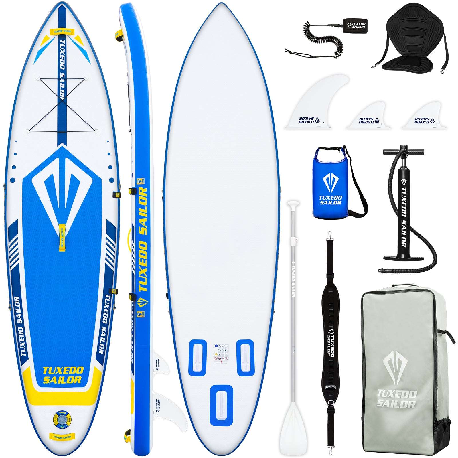 Tuxedo Sailor Emblem inflatable paddle board and accessories, including high pressure pump, waterproof dry bag and etc.